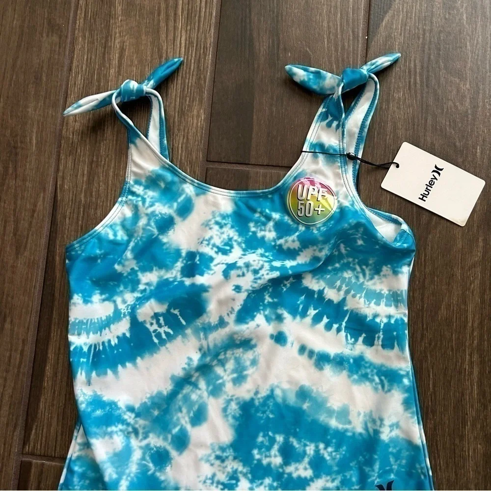 NWT Hurley Girls' Shoulder Tie One Piece Swimsuit in Blue Lagoon Sz L